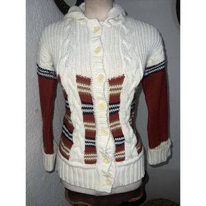 vtg 60 hipster hooded cableknit cardigan Xtrovert Sweater women brady bunch M